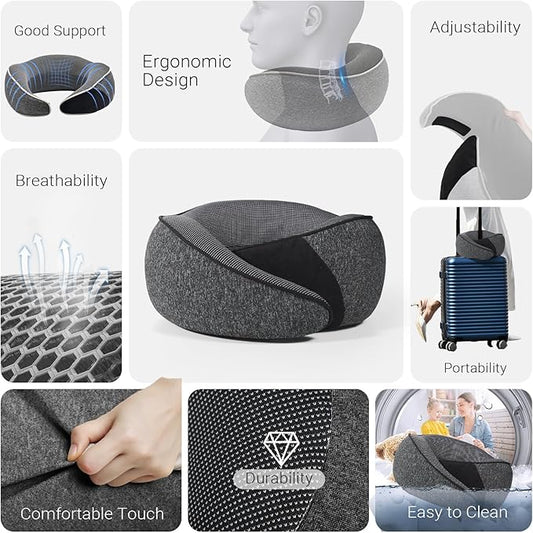 Cozi Travel Pillow for Airplane,100% Pure Memory Foam Airplane Pillow with Inflatable Adjustable Neck Pillow for Women Men Traveling Sleeping Long Flight Portable Plane Accessories Deep Gray