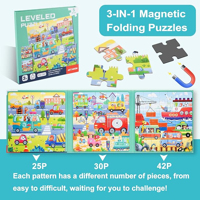 ASTARON Magnetic Puzzles for Toddlers, 25-30-42 Pieces Traffic Learning Magnet Puzzles for Road Trip, Educational Travel Toys Car Plane Activities for Kids, Kids Birthday Gifts