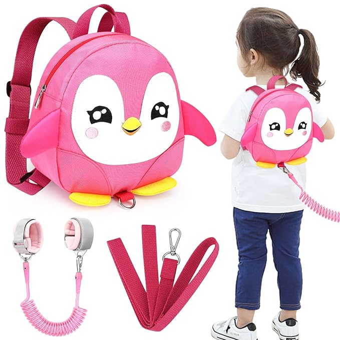 Accmor Toddler Harness Backpack Leash, Cute Penguin Kid Backpacks with Anti Lost Wrist Link, Mini Child Backpack Harness Leashes Walking Wristband Rope Travel Bag Harness Rein for Baby Girls (Pink)