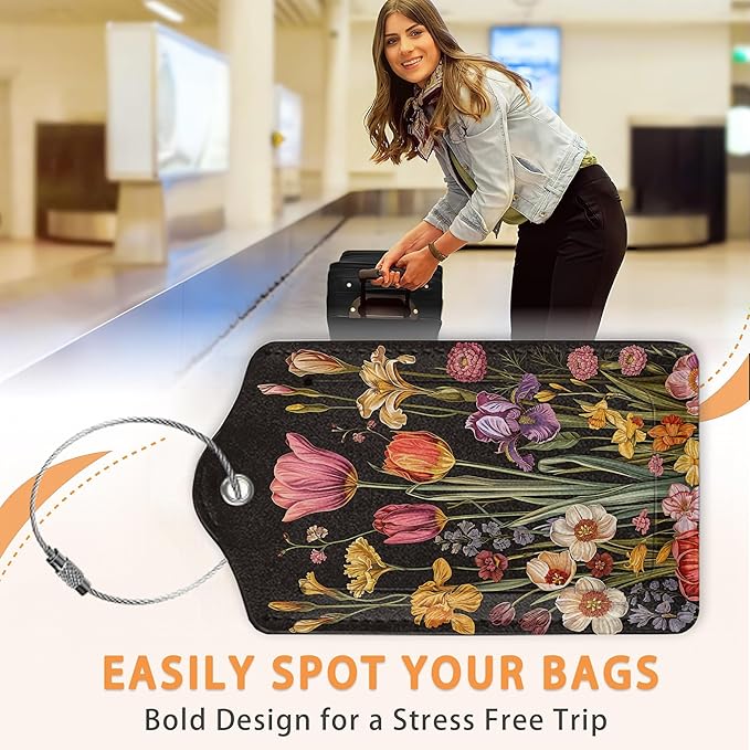 Colorful Boho Flowers 3 PCS Luggage Tags, Vintage Floral Leather Suitcase Tags with Privacy Cover Name Address Labels and Durable Steel Loop for Men/Women Travel Bag Suitcases