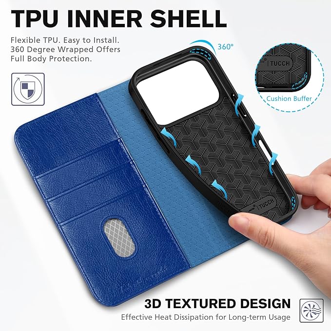 TUCCH Wallet Case for iPhone 17 Pro (6.3") 2025, 3 Credit Card Holders, RFID Blocking, Stand, PU Leather, Shockproof TPU Interior Shell, Protective Flip Folio Cover, Klein Blue