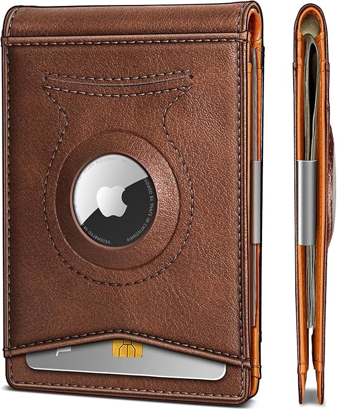 KS Mens Wallet Gift Airtag or Standard Use,Slim Front Pocket Leather Wallet Money Clip 11 cards RFID Blocking
