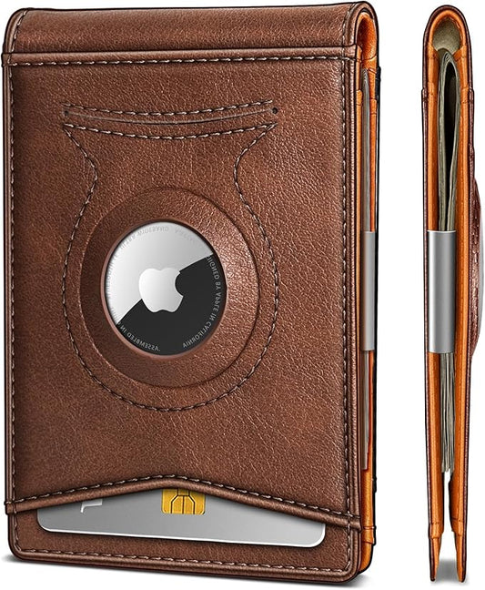 KS Mens Wallet Gift Airtag or Standard Use,Slim Front Pocket Leather Wallet Money Clip 11 cards RFID Blocking