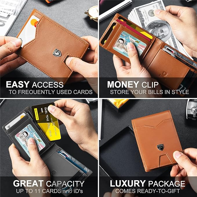 GSOIAX Mens Slim Wallet for Men Minimalist Genuine Leather Carbon Fiber Rfid Blocking Bifold Credit Card Holder With Gift Box (Brown and Grey)