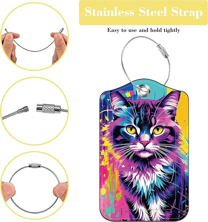 2 Pack Luggage Tags for Suitcase,PU Leather Travel Cruise Luggage Tag with Privacy Cover,Name ID Label and Steel Ring,Travel Essentials for Women Men (Cat with Abstract Beauty)