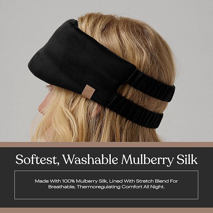 Lunya Weighted Silk Sleep Mask – Mulberry Silk Eye Cover with Cooling Glass Beads, Noise-Reducing Fit, Washable Fabric, and Travel Pouch – Sleeping Mask for Men and Women - Black – Large