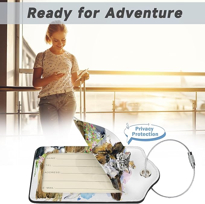 2 Pack Luggage Tags for Suitcases Cute Cow Cat Chicken Sheep Luggage Tag,Leather Stainless Steel Loop Label Tag for Men Women Travel Bag Suitcase