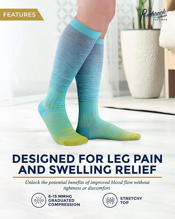 Pembrook Bamboo Viscose Light Compression Socks - 3 Pairs | 8-15 mmhg Compression Socks | Knee High Comfort Support Socks