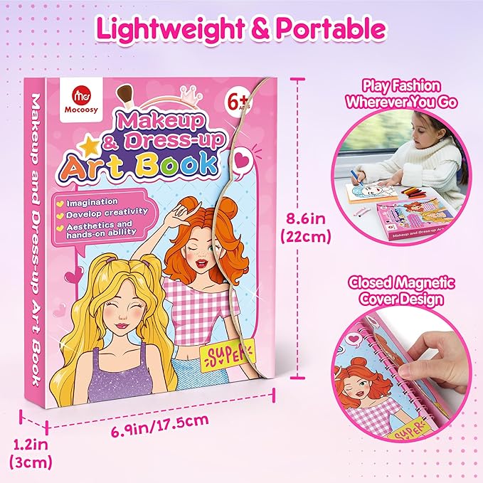 Mocoosy Makeup Craft Kit for Girls Ages 6-8, Pretend Makeup Coloring Activity Book with Stickers, Fashion Designer Kit for Girls Art & Craft, Travel Game Road Trip Toy Gift for Girl 5 6 7 8 Years Old
