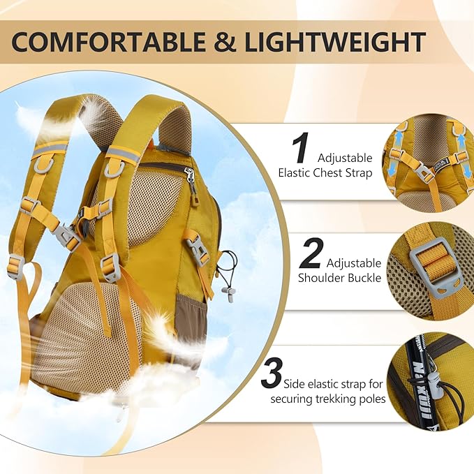 Hiking Backpack With Rain-cover, 30L Travel Backpacks For Women Men, Camping Daypack Backpacks Lightweight, Durable Hiking Backpack Fit For Camping, Daily Commuting, Short Trips (Yellow)