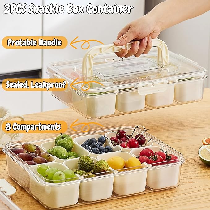 VINGVO Snackle Box, 2Pack Divided Serving Tray with Lid and Handle, 8 Compartment Portable Travel Snack Container for Adults & Kids