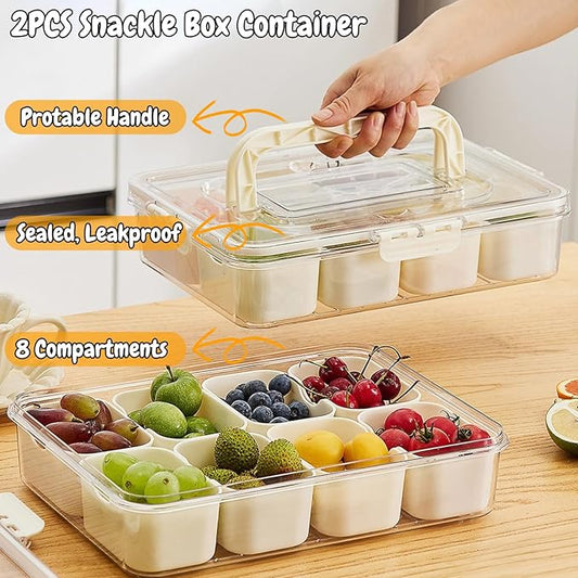 VINGVO Snackle Box, 2Pack Divided Serving Tray with Lid and Handle, 8 Compartment Portable Travel Snack Container for Adults & Kids