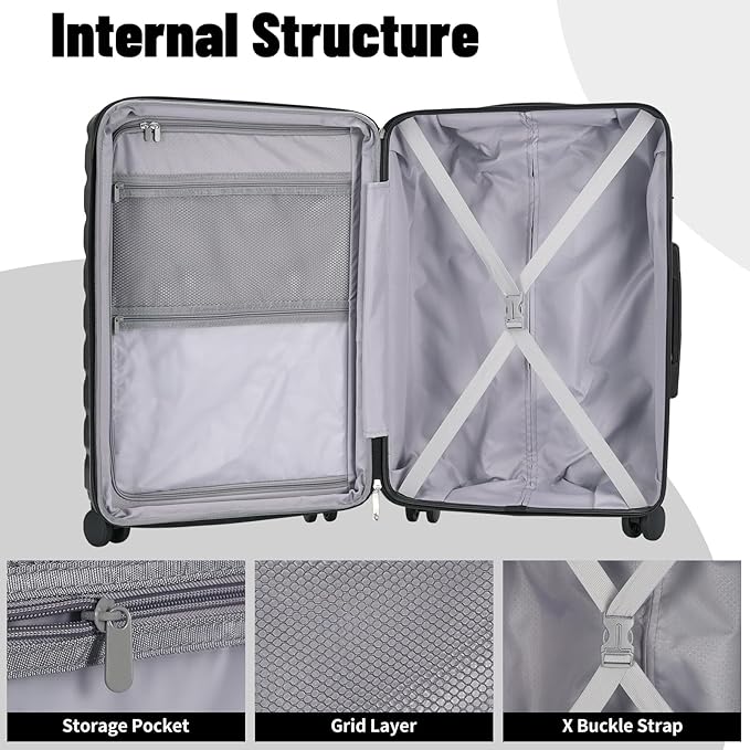 Lightweight Luggage with Spinner Wheels & YKK Zipper, Hard Shell 3-Piece Suitcase ABS+PC Hardside Luggage Set with TSA Lock for Men Travel, Black (20+24+28 inch)