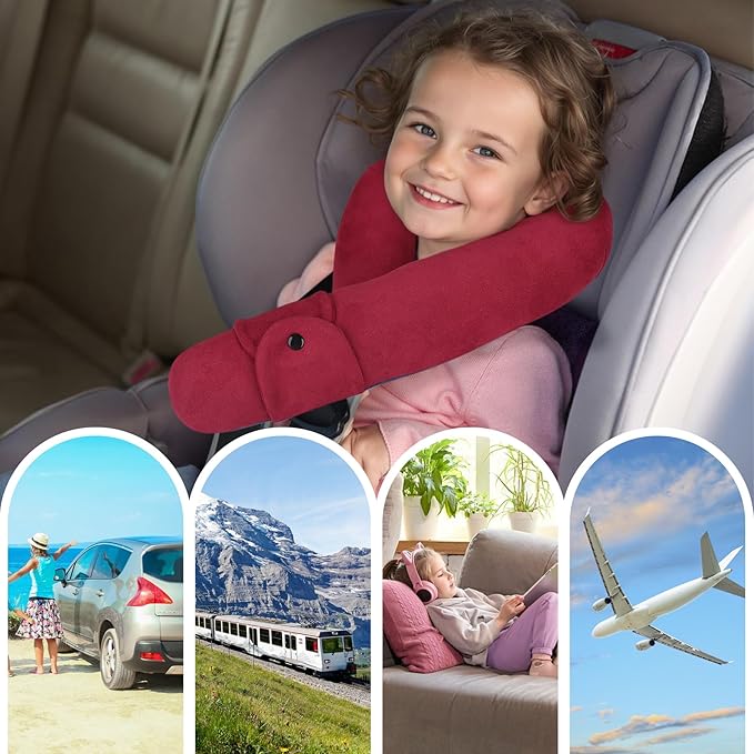 Kids Travel Neck Pillow, Comfortable Head & Chin Support for Car seat & Airplane, Toddler Pillow for Sleeping on Road Trip, Gifts for Child (Wine Red & Dark Blue)