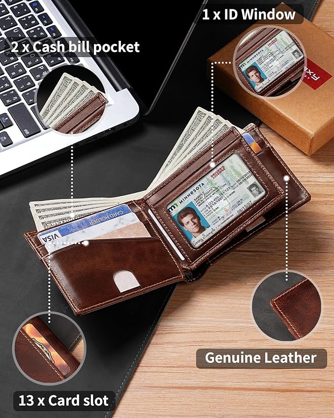 Artpaxy Mens Wallet Bifold Genuine Leather RFID Blocking Wallet for Men with 1 ID Windows 13 Card Holders 2 cash pockets 1 Gift Box
