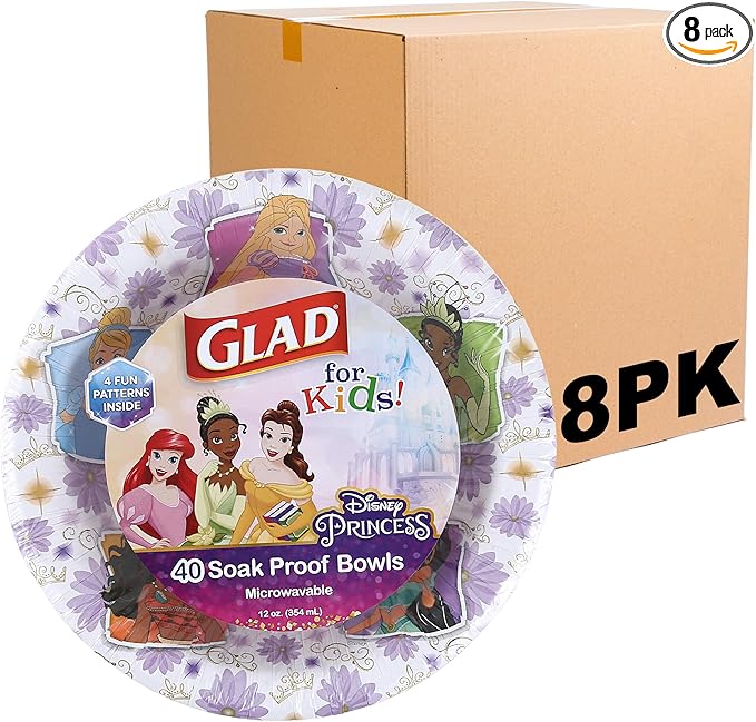 Glad for Kids Disney Princess Disposable Paper Bowls, Floral Frames - Heavy Duty, Soak Proof, Microwavable, Kid-Friendly Snack Bowls for Everyday Use, 12 Ounce, 40 Count - 8 Pack