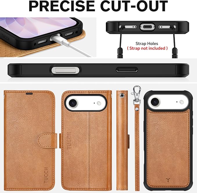 TUCCH Detachable Case Wallet for iPhone 17 (6.3") 2025, Wrist Strap | 4 Card Slots RFID Blocking | Wireless Charging | Stand | 2-in-1 Magnetic | PU Leather | Shockproof Folio Cover | Light Brown