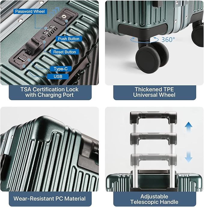 MRPLUM Front Pocket Carry On Luggage,PC Hardside Spinner Wheel Suitcase with TSA Lock,Cup Holder,Phone Holder&USB Charging Port,Dark Green(1 Piece)