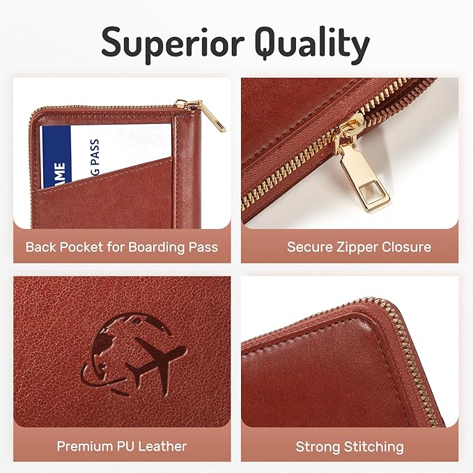 Forvencer Passport Holder Cover with Safe Zipper Closure, Premium Passport Wallet for Travel, Sleek RFID Blocking Card Case, Waterproof Travel Accessories for Men, Brown