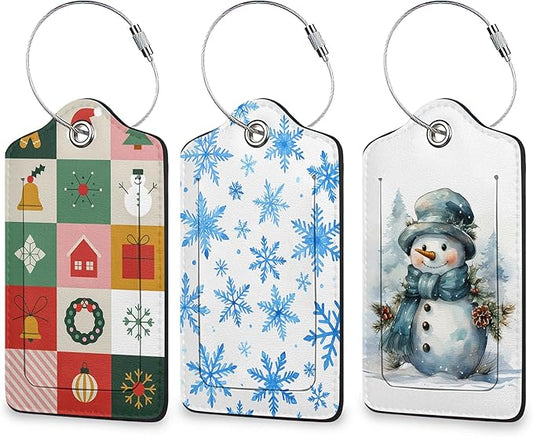 Snowman Snowflake Luggage Tags for Suitcase 3 Pack, Privacy Cover ID Label with Stainless Steel Loop and Address Card for Travel Bag Suitcase
