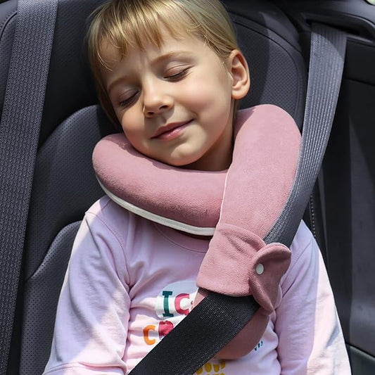 Kids Travel Neck Pillow, Comfortable Head & Chin Support for Car seat & Airplane, Toddler Pillow for Sleeping on Road Trip, Gifts for Child (Pink & Beige)