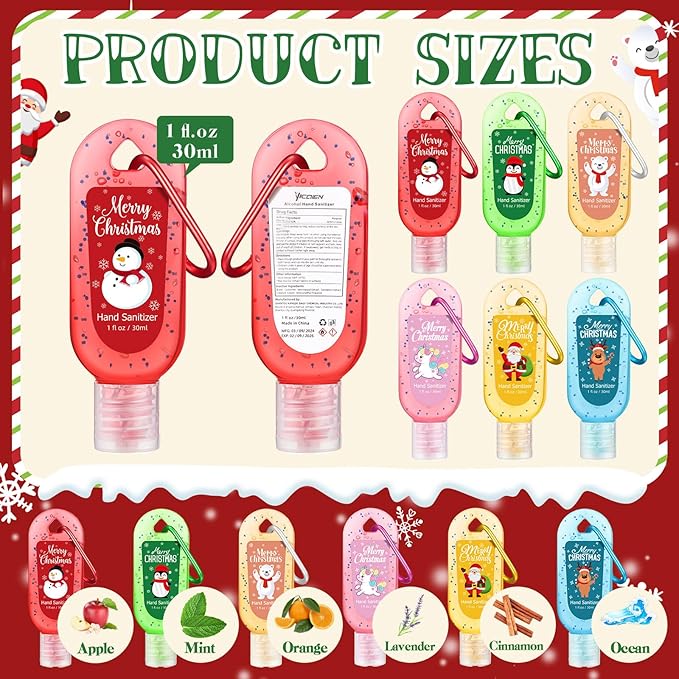 24 Packs Christmas Hand Sanitizers Keychains Gifts Mini Hand Sanitizer Bulk 1oz Travel Size Sanitizer Keychains Gifts Set Christmas Party Favors Treat Goodie Bags Stuffers