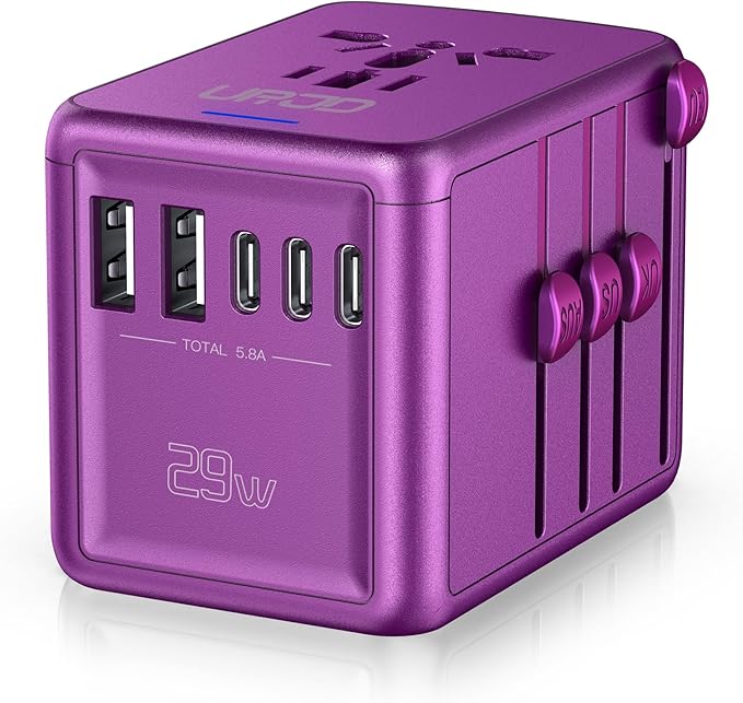 Universal Travel Adapter Offers 6.0A 3X 3.0A USB-C Ports, 2X 2.4A USB-A Ports and Multi AC Outlet, All-in-One International Power Plug Adapter Worldwide Travel Charger for EU USA UK AUS (Purple)