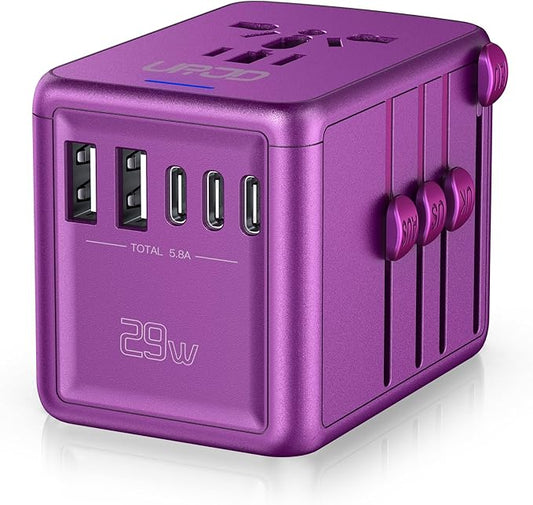 Universal Travel Adapter Offers 6.0A 3X 3.0A USB-C Ports, 2X 2.4A USB-A Ports and Multi AC Outlet, All-in-One International Power Plug Adapter Worldwide Travel Charger for EU USA UK AUS (Purple)