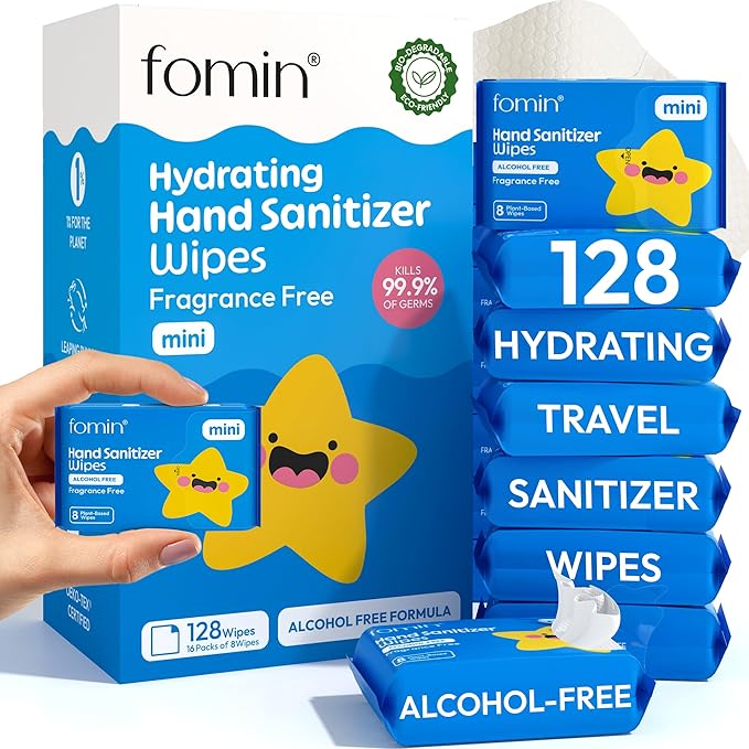 Fomin Mini Hand Sanitizer Wipes 16 Pack (8 Count) - Fragrance Free Mini Wet Wipe - pH Balanced, Biodegradable, Antibacterial On The Go Hand Sanitizing Wipes - Hypoallergenic, Plant-Based Travel Wipe