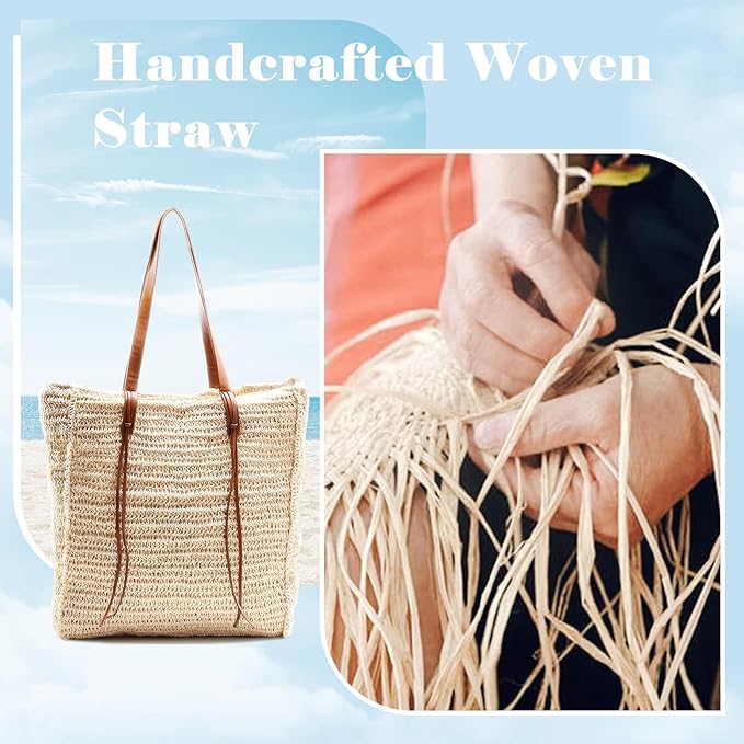 miss fong Summer Beach Bag, Beach Bags for Women,Straw Bag Straw Beach Bag Handmade Woven Tote Bag for Holiday Beach Trips