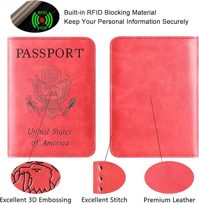 Passport Holder Cover Wallet Travel Essentials Leather Rfid Blocking Case Vacation Luggage Must Haves Travel Accessories for Men Women (116#Red)