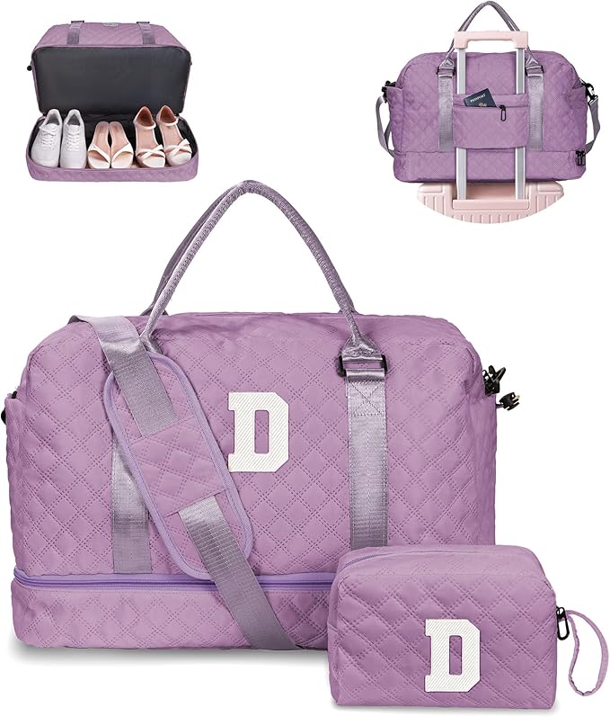Vogewood Unique Gifts for Her-Overnight Bags for Women, Personalized Weekender Bag, Monogram Travel Bag for Women with Trolley Sleeve & Wet Pocket, Letter Travel Bag with Makeup Bag (Letter D)