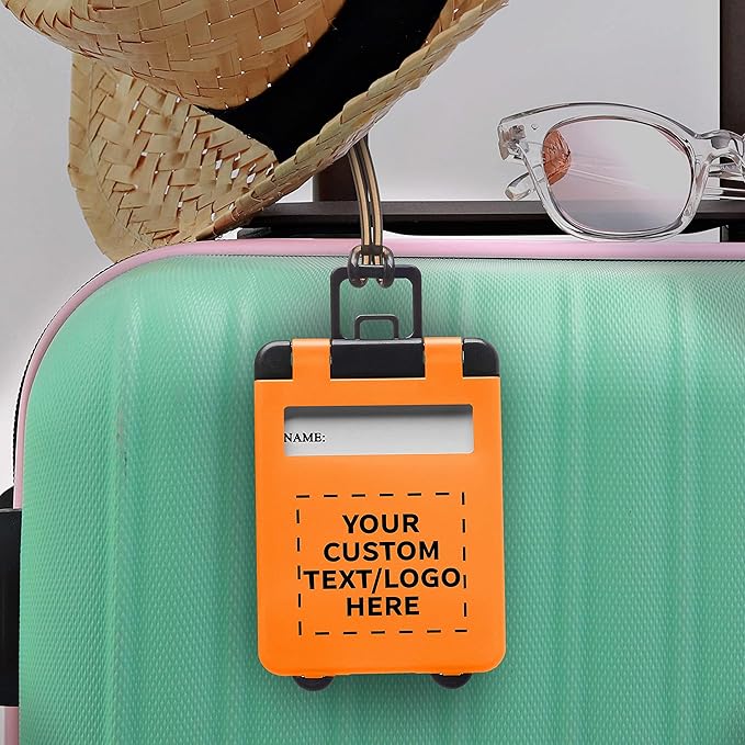 10 Mini Carry-on Luggage Tags Pack - Customizable Text, Logo - Flip Open Cover, ID Sticker - Orange