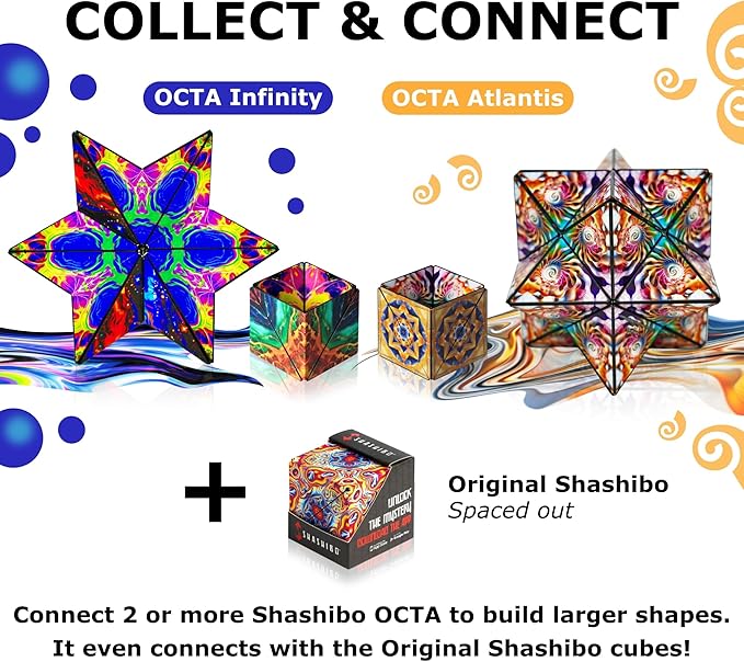 Shashibo OCTA Shape Shifting Sensory Fidget Toy – Magnetic STEM Brain Teaser Game Gift for Smart Kids 8-12, Teens and Adults with endless shape possibilities – Pairs All Shashibo Cubes (Infinity)