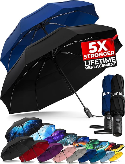 TUMELLA Strongest Windproof Travel Umbrella (Compact, Superior & Beautiful), Small Strong but Light Portable and Automatic Folding Rain Umbrella, Durable Premium Grip, Fits Car & Backpack