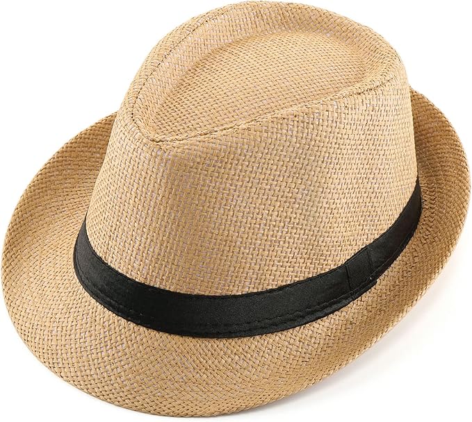 FALETO Unisex Summer Panama Straw Fedora Hat Short Brim Beach Sun Cap Classic
