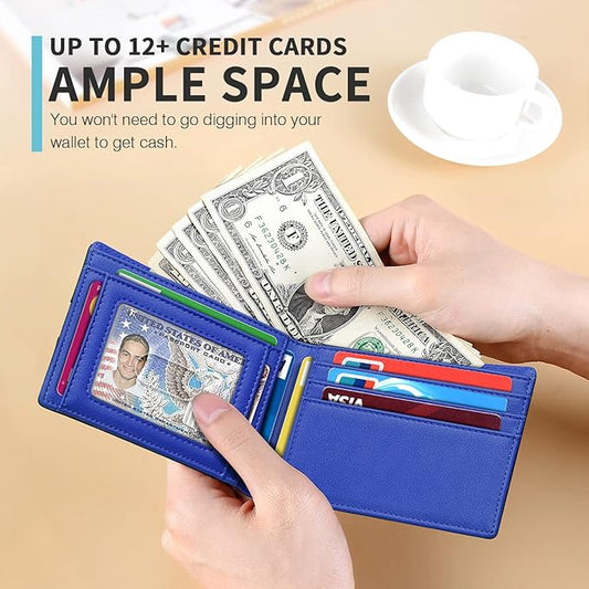 RUNBOX Wallet for Men Slim 11 Credit Card Holder Slots Leather RFID Blocking Small Thin Men's Wallet Bifold Minimalist Front Pocket Large Capacity Gift Box