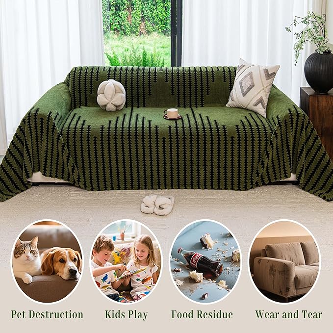 Sherpa Fleece Couch Cover for Dogs Washable Non Slip, Pet Proof Sofa Covers for 2 Cushion Couch Heavy Duty Scratch Resistant Pet Friendly Furniture Cover Fits Love Seat 71" x 102", Green