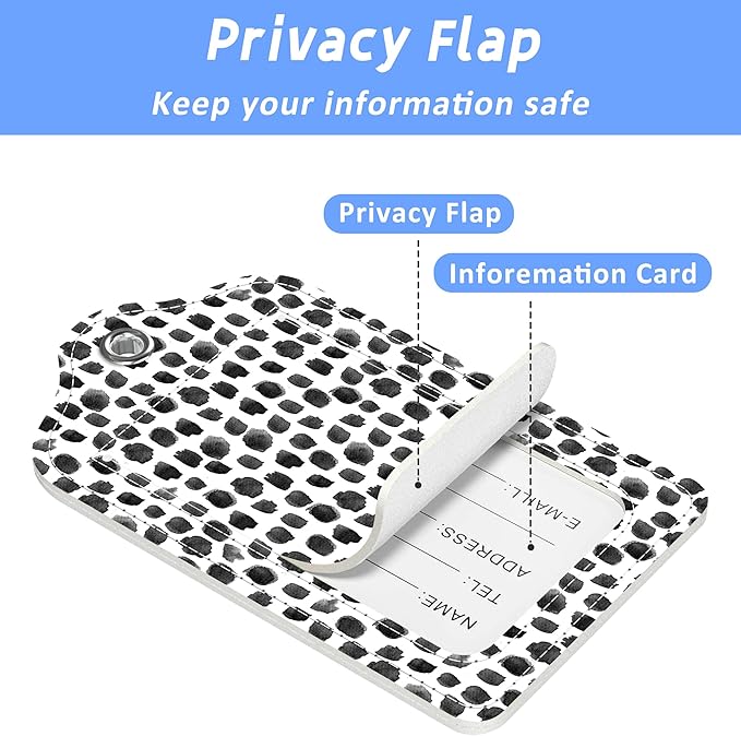 Set of 2 Luggage Tags Black White Watercolor Dots Leather Suitcases Tag with Privacy Cover Stainless Steel Loop and Address Card for Women Men Travel