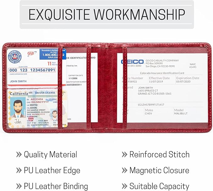 CANOPUS Car Registration and Insurance Holder, PU Leather Card Holder, Vehicle Glove Box Organizer for Auto, SUV, Truck and Motorcycle, Red