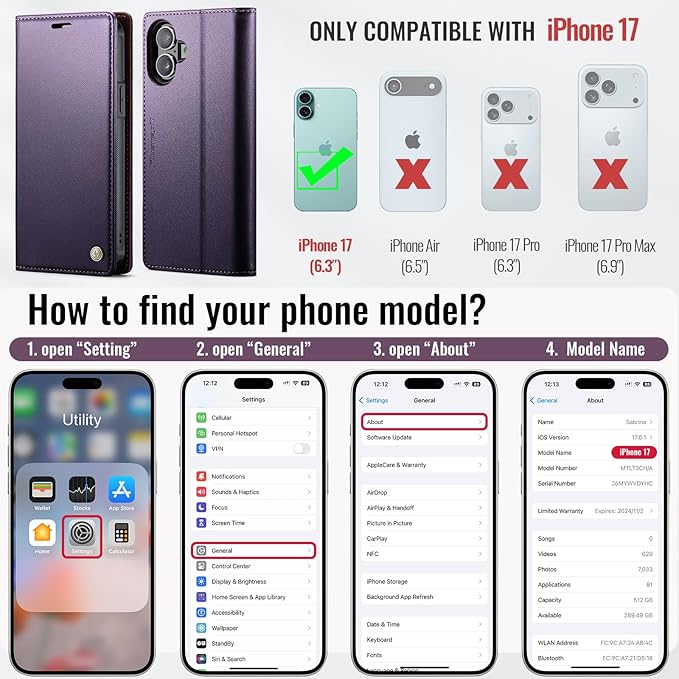 PlusnapX Wallet Case for iPhone 17 Compatible with Magsafe, 2-in-1 PU Leather Flip RFID Blocking Card Holder Stand Shockproof Magnetic Detachable Cover for iPhone 17 Case 6.3", Fashion Purple