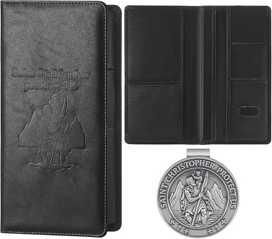 Christmas Car Registration and Insurance Card Holder Christmas Gift for Driver Include 1pcs Saint Christopher Medal, 1pcs Leather Vehicle Insurance Wallet Interior Car Accessories License
