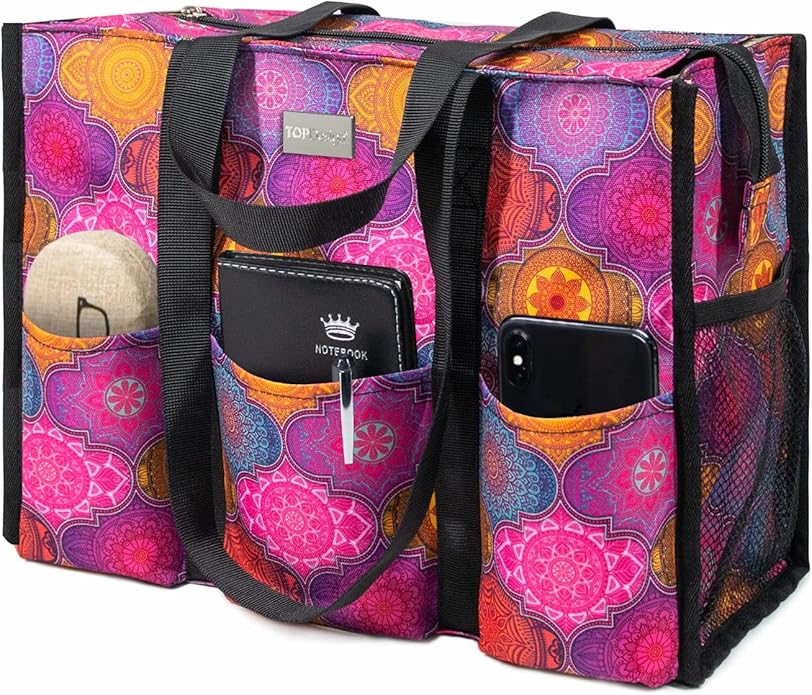 TOPDesign Utility Water Resistant Tote Bag with 13 Pockets, Top Zipper Closure & Thick Bottom Support, for Working Women