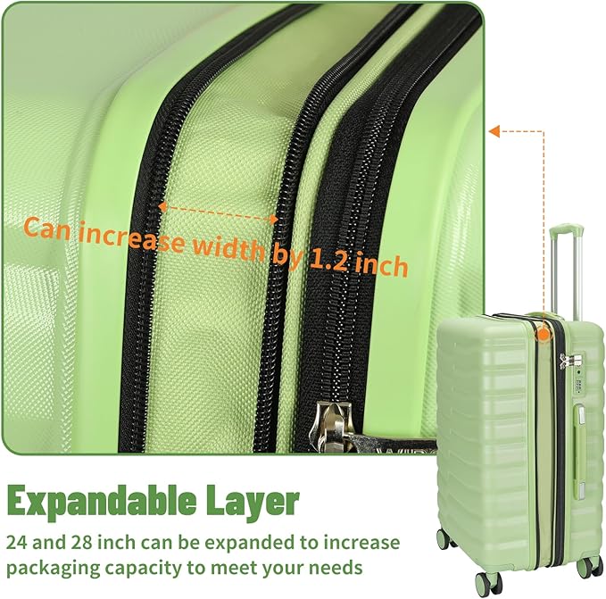 Lightweight Luggage with Spinner Wheels & YKK Zipper, 3-Piece Travel Suitcase ABS+PC Hardshell Luggage Set with TSA Lock, Light Avocado Green (20+24+28 inch)
