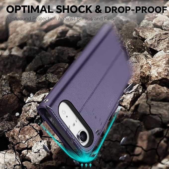 TUCCH 2-in-1 Removable Wallet Case for iPhone Air (6.5-inch) 2025, Wireless Charging | RFID Blocking 4 Card Holders | Wrist Strap | Kickstand | Magnetic | PU Leather Protective Cover | Deep Purple