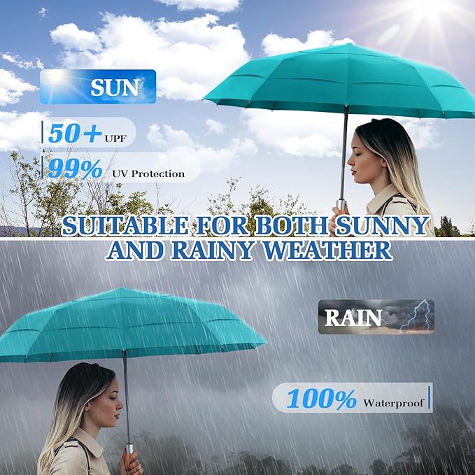 Umbrellas for Rain, 47" Large Windproof Travel Umbrella, Triple-Layer Vented Canopy, 10 Fiberglass Ribs, Auto Open Close Compact Umbrella, Wooden Handle, Heavy Duty for Commute, Gifts for Men & Women
