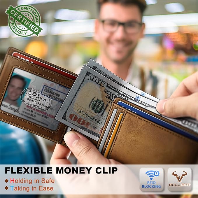 BULLIANT Men Wallet,Slim Leather Wallet Money Clip Magnetic Closure Simplifed Bill Folder 10Cards RFID Blocking 4.3"×3"