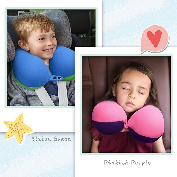 COOLBEBE Kids Travel Neck Pillow for Airplane, 2PCS Toddler Neck Pillow for Traving, Comfortably Headrest Pillow for Car & Airplane (Bluish Green & Pinkish Purple)