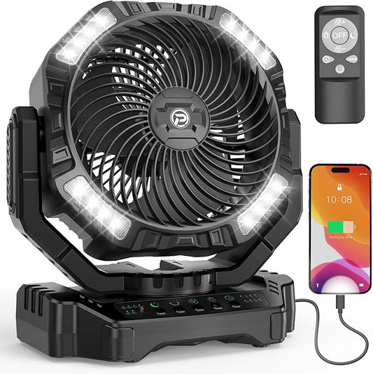 20000mAh Camping Fan with Light - 12in Rechargeable Battery Powered Fan (68H Cool Max), 90°Auto Oscillating with Remote & Hook, 4 Speeds & Timers for Outdoor/Patio/Garage/Jobsite/Hurricane/Outage