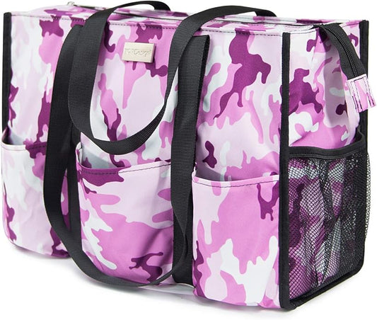 TOPDesign Utility Water Resistant Tote Bag with 13 Pockets, Top Zipper Closure & Thick Bottom Support, for Working Women